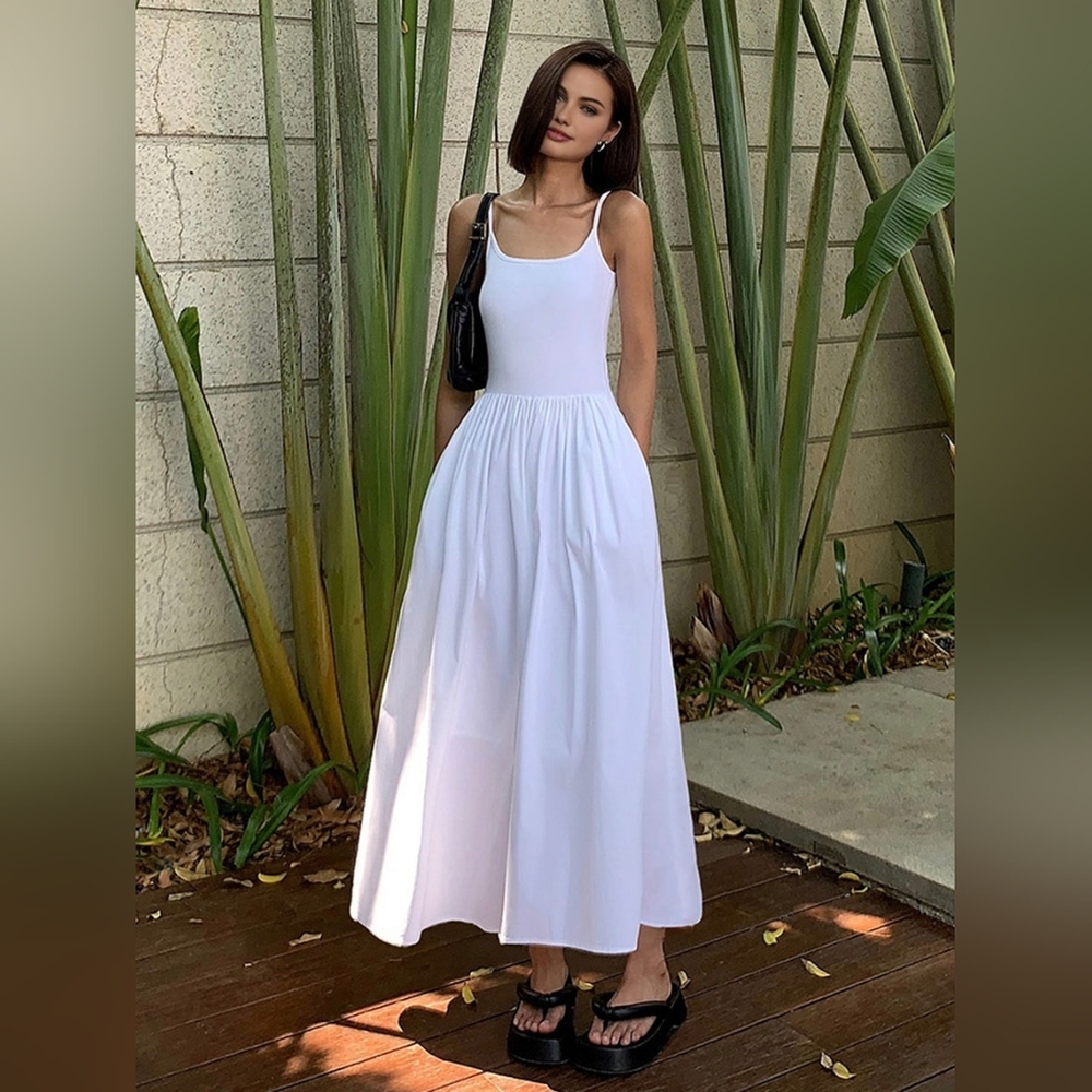 Patchwork Pockets Cotton Cami Midi Dress M